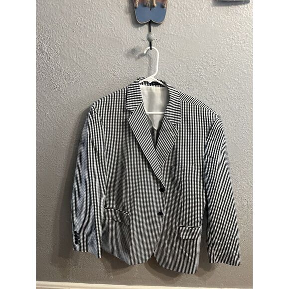 Club Room Men 46R Navy Blue & White Gingham Cotton‎ Blazer Sport Coat Jacket - Picture 1 of 9
